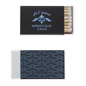 Express your love with the Je T’aime Wedding Matchbook. Featuring the timeless fleur-de-lis, this design adds a touch of sophisticated charm and elegance, perfect for celebrating your special day with a hint of French allure.