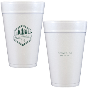 Kick off your lifelong adventure with the Adventure Begins Wedding Cup. Featuring a pine tree-framed hexagon and a playful ribbon announcing "The adventure begins," this design captures the thrill of new beginnings. Perfect for couples ready to explore life together.