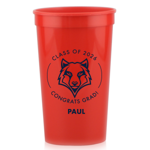 Personalized Red 16 oz Stadium Cup with Matte Navy Ink Cup Ink Colors has a Wolf Mascot graphic and is good for use in Animals, Graduation themed parties and will add that special attention to detail that cannot be overlooked.