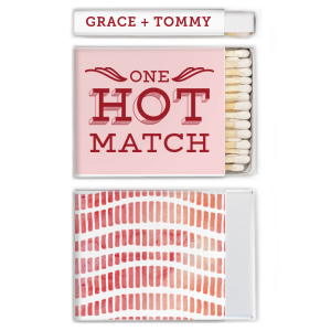 Our beautiful custom White Classic Custom Photo Matchbox with Matte Blush Ink Digital Print Colors and Matte Red Berry Ink Digital Print Colors has a One Hot Match graphic and is good for use in Words, Wedding, Anniversary themed parties and are a must-have for your next event—whatever the celebration!