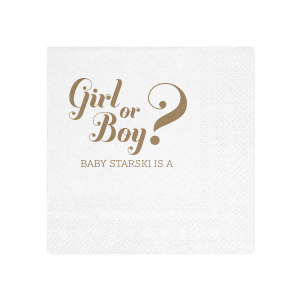If you are celebrating a baby shower or gender reveal party, this napkin is a creative way to have people guess. Customize with the your last name and have your guests guess what your baby will be. 