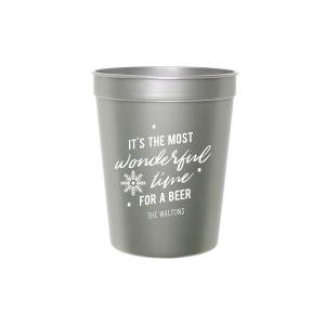 Custom Silver 16 oz Stadium Cup with Matte White Ink Cup Ink Colors has a Snowflake 3 graphic and is good for use in Christmas themed parties and are a must-have for your next event—whatever the celebration!