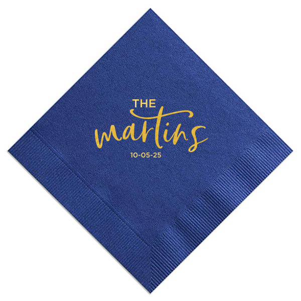 The Simple Script Newlywed Family Name and Date Napkin elegantly introduces the newlyweds with their shared last name in a bold, swirling script. Under it, the event date adds a personal touch, symbolizing their union and the beginning of a shared journey. Ideal for weddings, this napkin celebrates togetherness.
