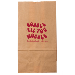 Leave no guest empty handed with the Gobble Til You Wobble Bag. Available in a variety of styles and sizes to show off your good taste while being customizable to suite your needs. From party stuffer gift bags to reusable leftover carriers, these bags will have guests thankful to call you friend!