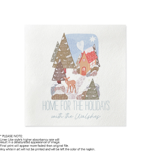 Set the mood for a festive good time with the Cozy Home For The Holidays Napkin. Featuring a cozy cottage nestled in a winter wonderland, the high quality napkins are perfect for holiday functions or familial events.