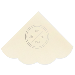 Infuse your reception with the bespoke elegance of the Circle Badge Initials Napkin, reminiscent of an exclusive club crest. 'EST.' and the wedding year anchor the design, with the couple's scripted initials nestled within the distinguished bands, crafting a personal insignia of love.