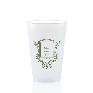 ForYourParty's personalized Matte Army Green Ink 12 oz Frost Flex Cup with Matte Army Green Ink Cup Ink Colors has a Crest Regal graphic and is good for use in Floral, Wedding themed parties and can't be beat. Showcase your style in every detail of your party's theme!