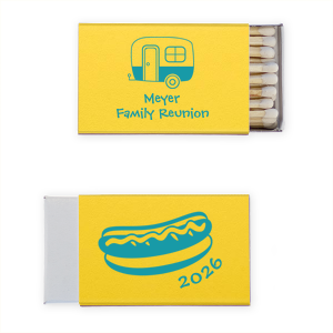 Light up the campfire fun with the Family Reunion Hot Dog Match, featuring a charming camper graphic ready for a weekend of family bonding. Flip for a playful hotdog, complete with mustard. These matches will spark smiles and memories at your family's gathering.