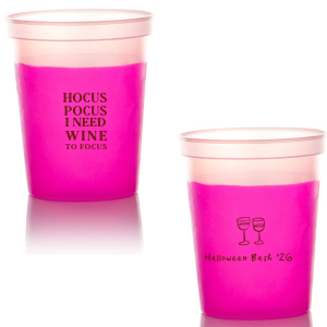The Hocus Pocus Focus Cup is the ideal custom Halloween party accessory.  Featuring the phrase "hocus pocus I need candy to focus" and a modern and minimal graphic of wine glasses, you can personalize with your name, and the year. This chic Halloween accessory will be a hit at your autumnal events. 