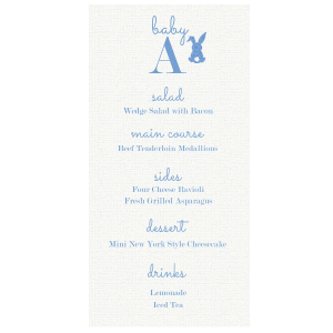 This baby shower menu design is a must at your baby shower. Customize with the food you are having at your event and the initial of the newborn. 