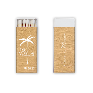 Your guests will be impressed by the tropical Palm Tree Wedding Matchbox at your next event! The wood textured paper gives it a natural feel that adds another touch of uniqueness to your keepsakes. Customize the text in your choice of fonts and colors to best match the vibe of your summertime bash.