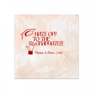 Applaud the new graduate with the Hats Off Graduation Cheer Napkin, emblazoned with a celebratory hand tossing a graduation cap and the phrase "Hats off to the graduate," personalized with the graduate's name and year. A perfect addition to any graduation festivity.
