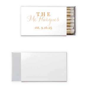 Illuminate your special day with the Last Name Matchbook, where a prominent 'THE' in all caps precedes your surname in flowing script. Accented with your wedding date, these matchbooks are a testament to your union, perfect for sharing the spark of your love.