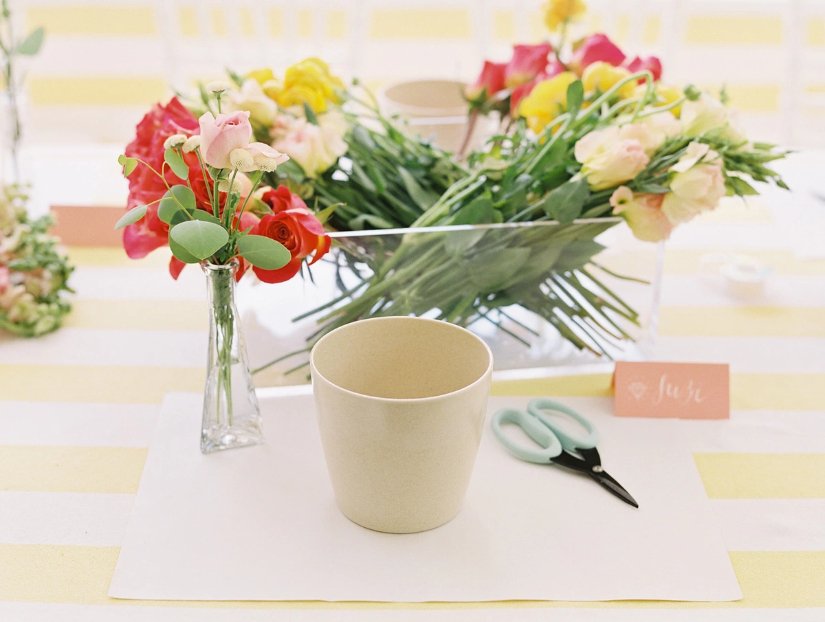 DIY flower arrangement station at bridesmaid brunch