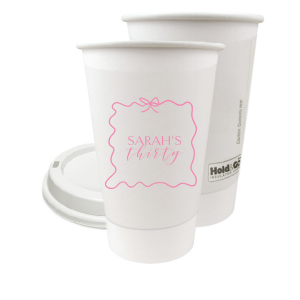Sip in style at your birthday bash with the Ribbon Frame Birthday Bash Cup, elegantly framed like a ribbon and bow, featuring your name and new age in a whimsical script. A festive and personalized touch to celebrate another fabulous year.