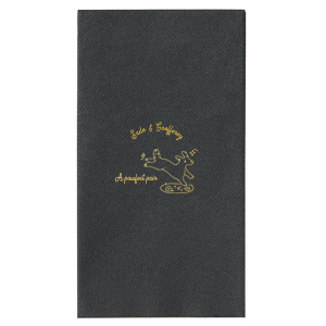Celebrate your nuptials with the Pawfect Pair Wedding Napkin, featuring a joyous illustration of a dog in mid-leap above a grassy knoll, surrounded by a sprinkle of sparkles. Personalize with the couple's names arched above this heartwarming scene, symbolizing the playful spirit and boundless love of your special day.