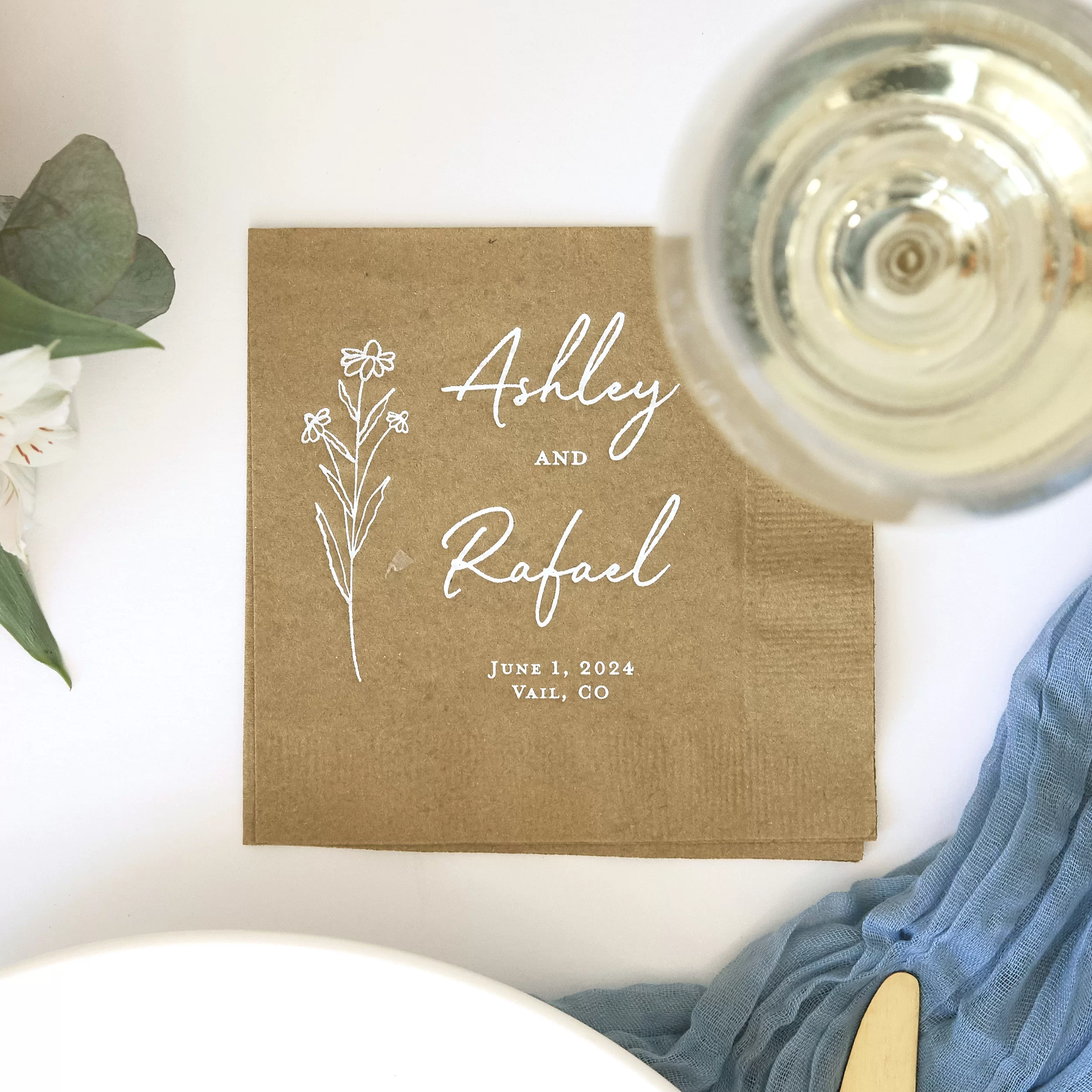 Custom printed napkins with wildflower graphic