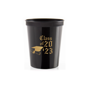 ForYourParty's elegant Black 16 oz Stadium Cup with Gold Ink is good for use in Graduation themed parties and will make your guests swoon. Personalize your party's theme today.