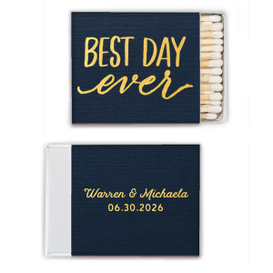 Embrace jubilation with the Traditional Script Names Best Day Ever Wedding Match design, featuring a vivacious "Best Day Ever" declaration on the front. The reverse side elegantly presents the couple's names in traditional script, crowned by the wedding date, blending excitement with classic charm.