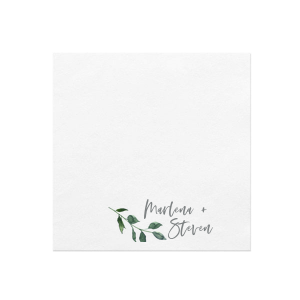 The Watercolor Branch Natural Flourish Names Napkin features a delicate, watercolored branch, adding a natural flourish. Beside this charming motif, the couple's names are presented in a sophisticated script with the event date simply written below. This design creates a harmonious blend of artistry and personalization, perfect for any celebration.