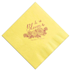 Custom Mimosa/Yellow Cocktail Napkin with Shiny Rose Quartz Foil has a Butterfly Rose Bunch graphic and is good for use in Spring, Easter, Wedding, Bridal Shower and Baby Shower themed parties and can be customized to complement every last detail of your party.