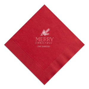 Spruce up your holiday table with the Pine Branch Christmas Napkin, graced by a delicate pine needle illustration. 'Merry Christmas' unfurls below, crowned by the family's name, weaving a touch of wintry elegance into your seasonal celebrations.