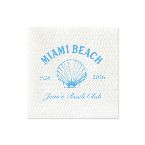 Dive into the festivities with the Bachelorette Beach Party Seashell Soiree Napkin, featuring the bachelorette's name in a timeless script, her party's coastal location, and date, elegantly accented with a chic sea shell graphic. The perfect accompaniment to "The Last Splash" celebration by the shore.