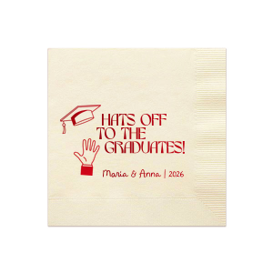 Applaud the new graduate with the Hats Off Graduation Cheer Napkin, emblazoned with a celebratory hand tossing a graduation cap and the phrase "Hats off to the graduate," personalized with the graduate's name and year. A perfect addition to any graduation festivity.