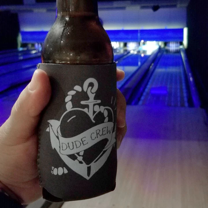 custom designed "dude crew" koozie for bachelor party