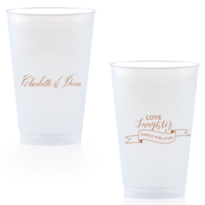 Personalized Copper Ink 9 oz Frost Flex Cup with Copper Ink Cup Ink Colors has a Love Laughter Banner graphic and is good for use in Words, Wedding, Bridal Shower themed parties and can be customized to complement every last detail of your party.
