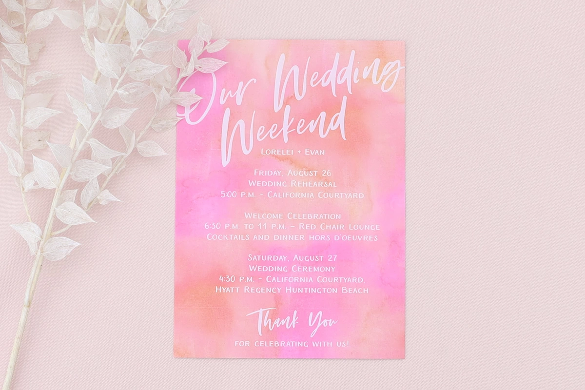 custom designed wedding weekend schedule for wedding welcome bags
