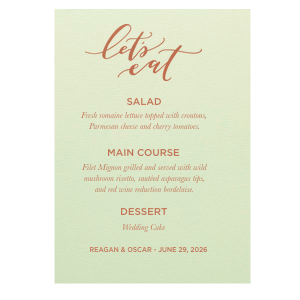 Dine in delight with the Let's Eat Menu, playfully scripted to entice your guests. Detail your feast across ten customizable lines, culminating in the couple's names and date, for a tasteful prelude to culinary celebration.