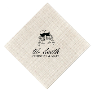 The design of Til Death Toast Napkin will be sure to raise glasses and spirits! Adorned with two skeletal hands clinking wine glasses above personalized text, they are perfect for seasonal weddings or Halloween events.