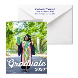 Celebrate the grad in your life! Personalize this graduation thank you card with a photo of the student, their class date, and return address. 