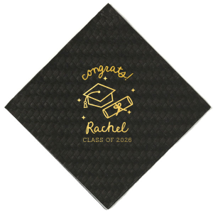 Celebrate the graduate's success with the Scripted Cap & Diploma Grad Napkin, elegantly personalized with the graduate's name and year in a handwritten script font. Featuring a classic graduation cap and diploma graphic, it's a sophisticated touch for any graduation festivity.