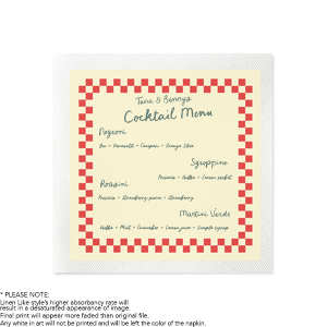 Set the table for an unforgettable dining experience with the Pizza Parlor Menu Photo Napkin. The full color photo napkin features customizable text to create a personalized menu of your event's catering, making them perfect for engagements, weddings or personal parties.