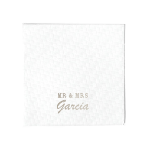 Introduce newlywed style with the Mr & Mrs Block Napkin. Bold block letters joyously announce the union, while the elegantly scripted surname dances below, adding a touch of grace. Perfect for a celebration that unites style and sentiment in every single fold.