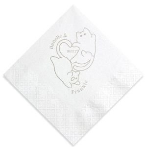 Embrace the warmth of your wedding day with the Cat Tails of Love Wedding Napkin. This endearing design features two cats creating a heart shape, with space to inscribe your event date at the center. Personalize the arc above with the couple's names, adding a whisker of romance to your table setting.