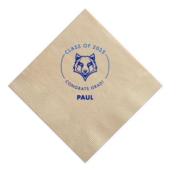 ForYourParty's personalized Sand Luncheon Napkin with Shiny Royal Blue Foil has a Wolf Mascot graphic and is good for use in Animals, Graduation themed parties and will impress guests like no other. Make this party unforgettable.