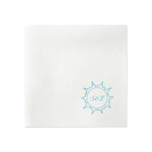 Our custom White Linen Like Petite Napkin with Satin Teal / Peacock Foil has a Sunburst graphic and is good for use in Beach/Nautical themed parties and can be personalized to match your party's exact theme and tempo.