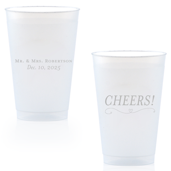 Personalized Silver Ink 16 oz Frost Flex Cup with Silver Ink Cup Ink Colors has a Simple Heart Flourish graphic and is good for use in Heart, Wedding themed parties and will give your party the personalized touch every host desires.