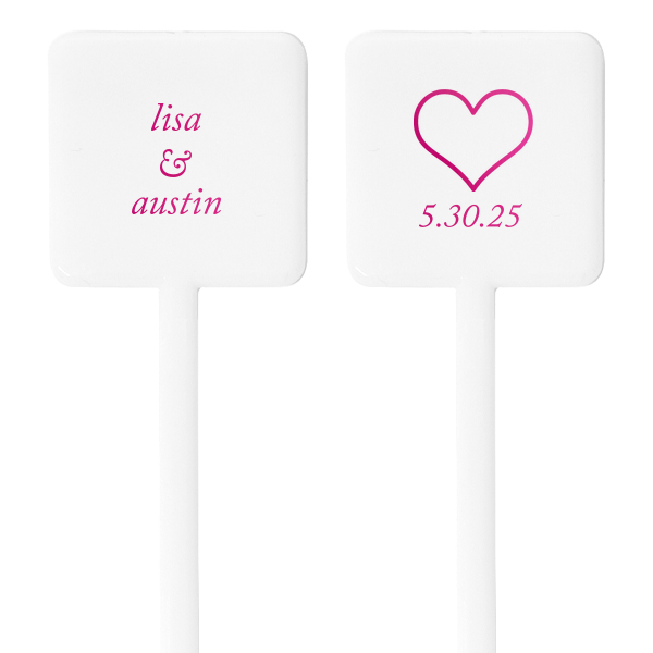 Our custom Shiny Fuchsia Rectangle Stir Stick with Shiny Fuchsia Foil has a Heart Outline graphic and is good for use in Wedding and Love themed parties and will look fabulous with your unique touch. Your guests will agree!