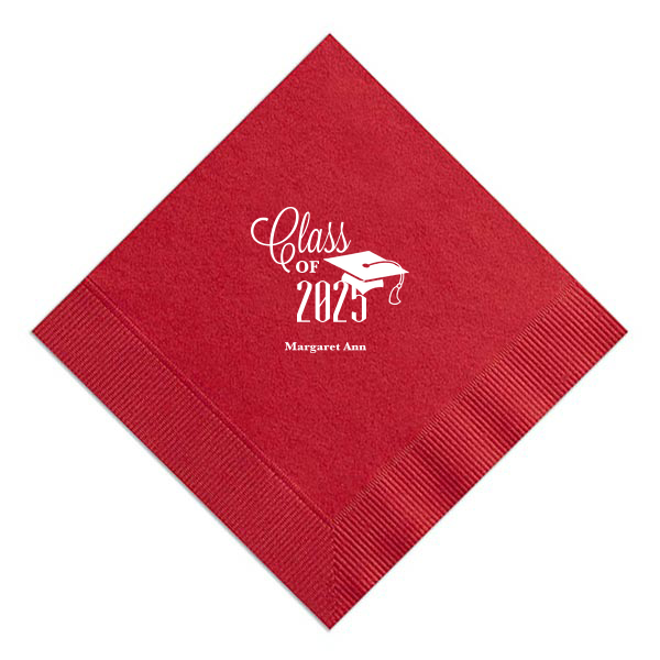 Celebrate academic achievement with the Class of Graduation Cap Napkin. It proudly showcases the class year in a bold mix of script and block lettering, topped with a playful graduation cap design. Beneath, the graduate's name adds a personal touch, making this napkin a fitting tribute to their accomplishment.