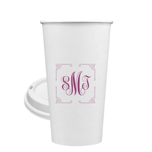 Our personalized 8 oz Paper Coffee Cup with Lid with Matte Dark Magenta Ink  has a Rococo Frame graphic and is good for use in Anniversary, Wedding, and Birthday themed parties and will add that special attention to detail that cannot be overlooked.