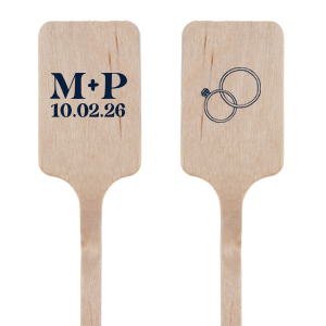 The Date & Rings Stir Stick features a beautifully hand-drawn depiction of two intertwined wedding rings on one side, symbolizing eternal love, while the other side can be personalized with your initials and event date in a casual, yet refined script. This dual-sided design serves as a timeless keepsake for guests to remember your union. Ideal for wedding celebrations and anniversary parties.