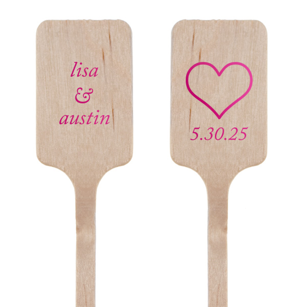 Our custom Shiny Fuchsia Rectangle Stir Stick with Shiny Fuchsia Foil has a Heart Outline graphic and is good for use in Wedding and Love themed parties and will look fabulous with your unique touch. Your guests will agree!