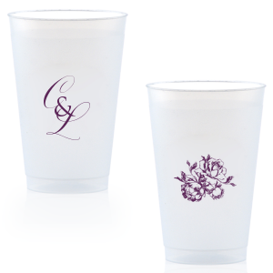 ForYourParty's elegant 9 oz Frost Flex Cup with Matte Eggplant Ink Cup Ink Colors has a Romantic Rose Bunch graphic and is good for use in Floral, Wedding, and Anniversary themed parties and will impress guests like no other. Make this party unforgettable.