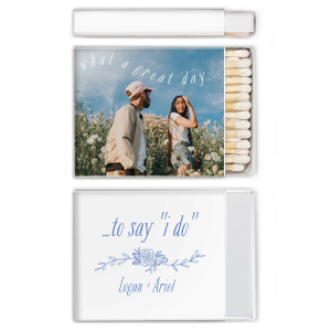 ForYourParty's chic White Square Custom Photo Matchbox with Matte White Ink Digital Print Colors and Matte Periwinkle Ink Digital Print Colors has a Peony Flourish 2 graphic and is good for use in Floral themed parties and will give your party the personalized touch every host desires.