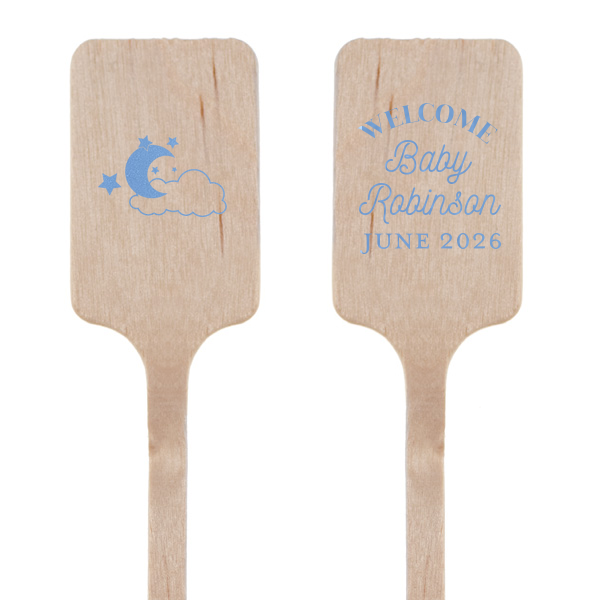 The Sweet Dreams Baby Shower Stir Stick is the ideal keepsake for a baby shower, featuring a serene graphic of the moon, clouds, and stars on one side, symbolizing the peaceful and hopeful anticipation of a newborn. The reverse side allows for customization with your baby's name and their expected arrival date, elegantly written in a harmonious blend of flowing script and timeless serif font. This thoughtful stirrer is a lovely way to celebrate the upcoming addition to your family and is perfect for baby shower decor or as a cherished memento for guests.