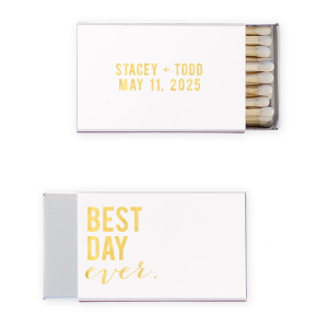 The Stacked Best Day Ever Name and Date Wedding Match design blends boldness and whimsy. One side features the couple's names and event date in striking block letters. On the back, bold block type contrasts with playful handwritten script, underlining the joy and definitiveness of this unparalleled day.
